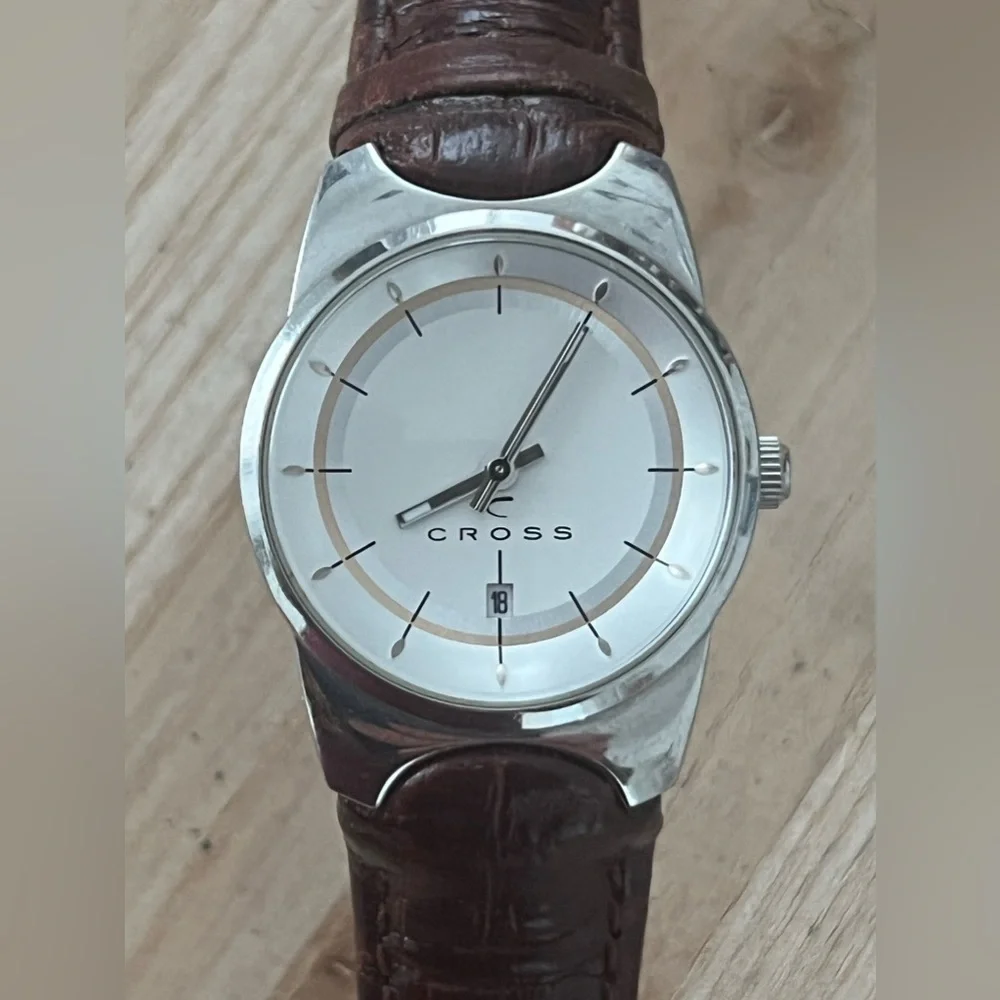 Cross Ladies Watch Beautiful Two-Tone Dial Date Window Brown Leather Strap